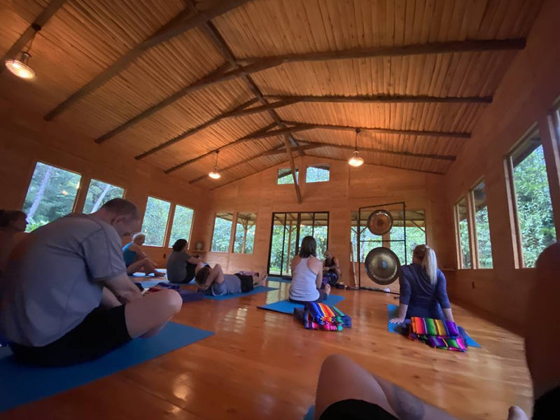 People at yoga practice in a wood cabin.